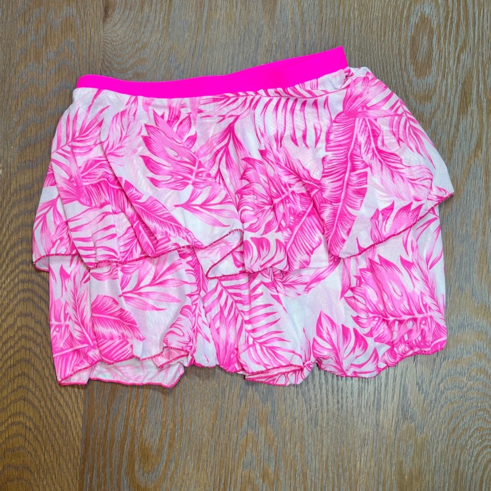 🌊Girls Neon Pink Tropical Palm Leaf Tiered Ruffle Swim Skirt Cover Up Size 9-10Y